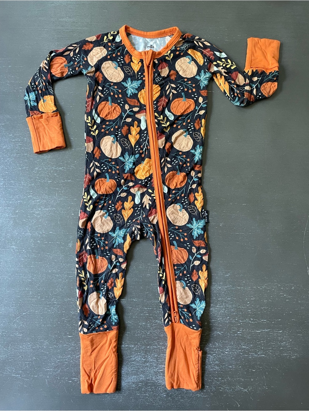 6-12m Millie + Roo Bamboo Zippy in Fall Foliage Pumpkin Print